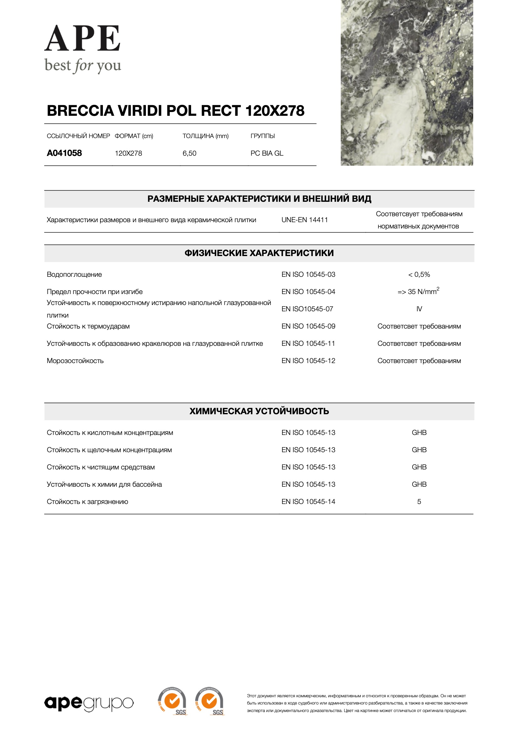 Breccia Viridi Pol Rect 120x278 - 6.5 mm